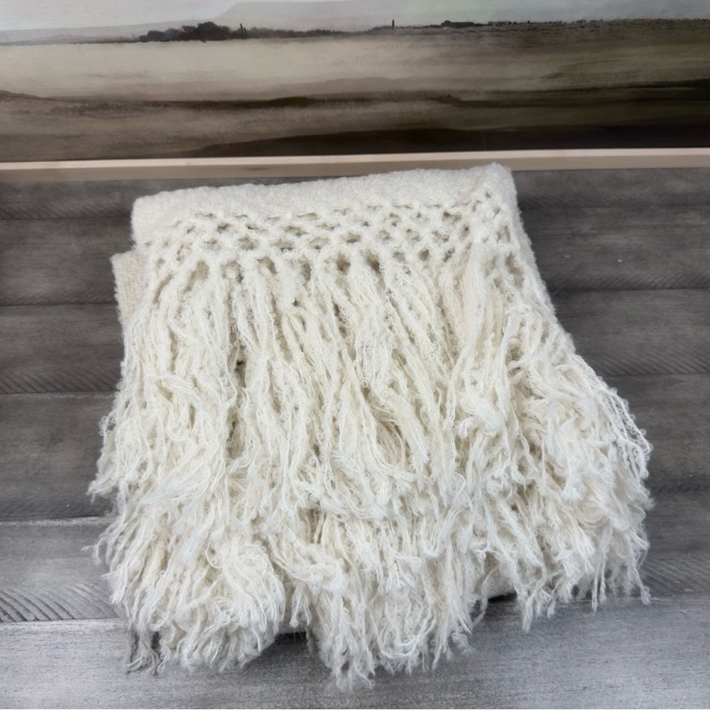 Williams Sonoma Home Boucle Fringe Alpaca Throw Blanket Ivory Soft 50x70 in NWOT